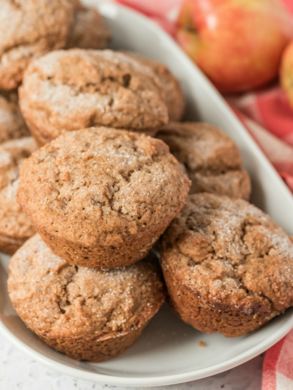 apple butter muffins on a white serving platter