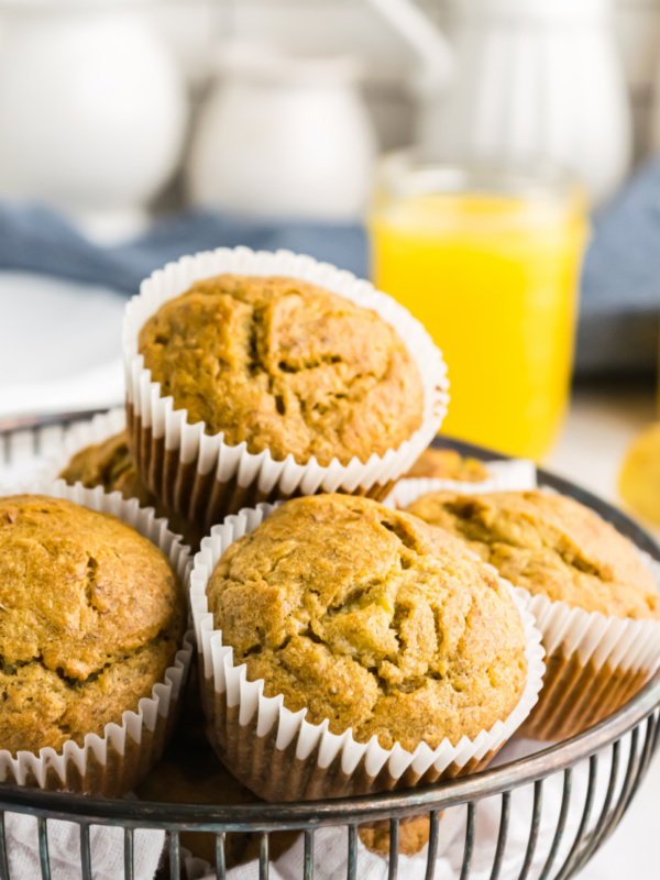 banana bran muffins in a wire basket