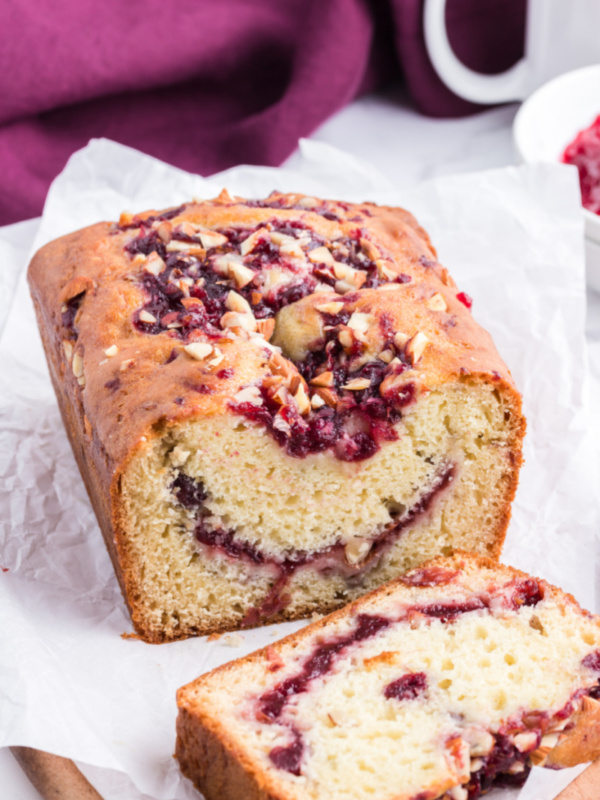 loaf of cranberry bread cut open