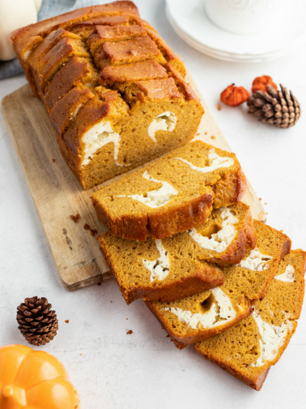 pumpkin cream cheese swirl bread sliced