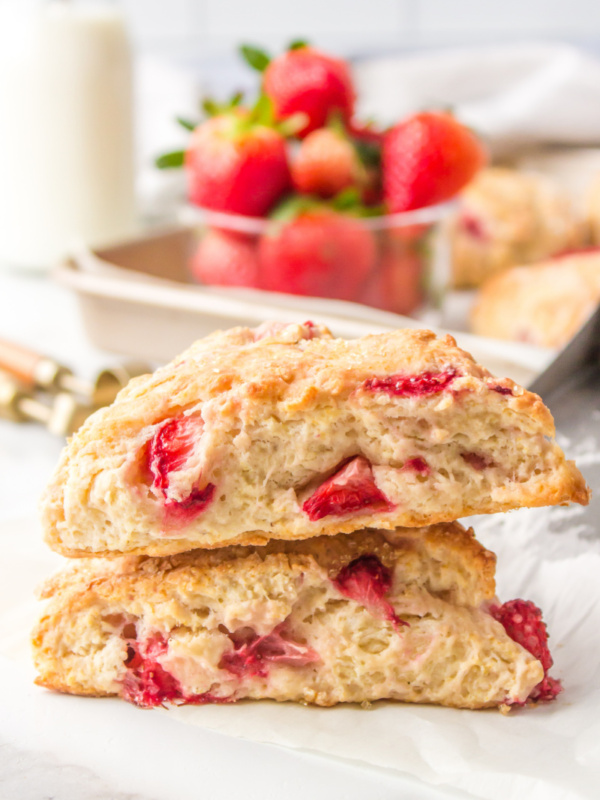 two fresh strawberry scones stacked