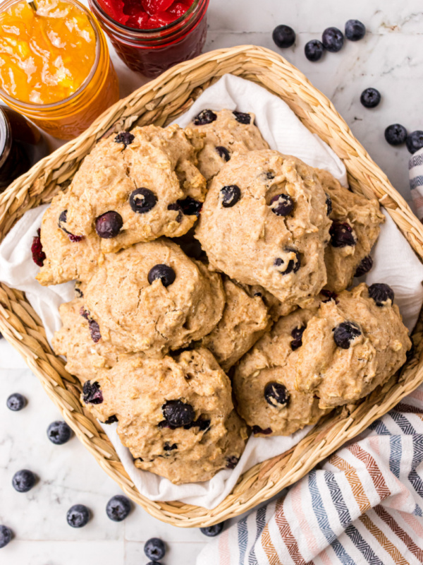 whole grain blueberry biscuits in a basket