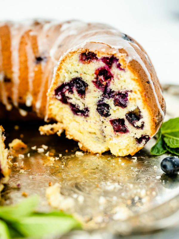 blueberry pound cake cut open to see the inside of the cake