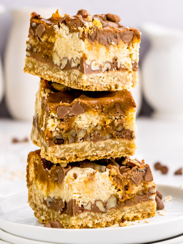 stack of three carmelitas on white plate