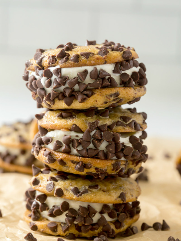 three stacked chocolate chip ice cream sandwiches