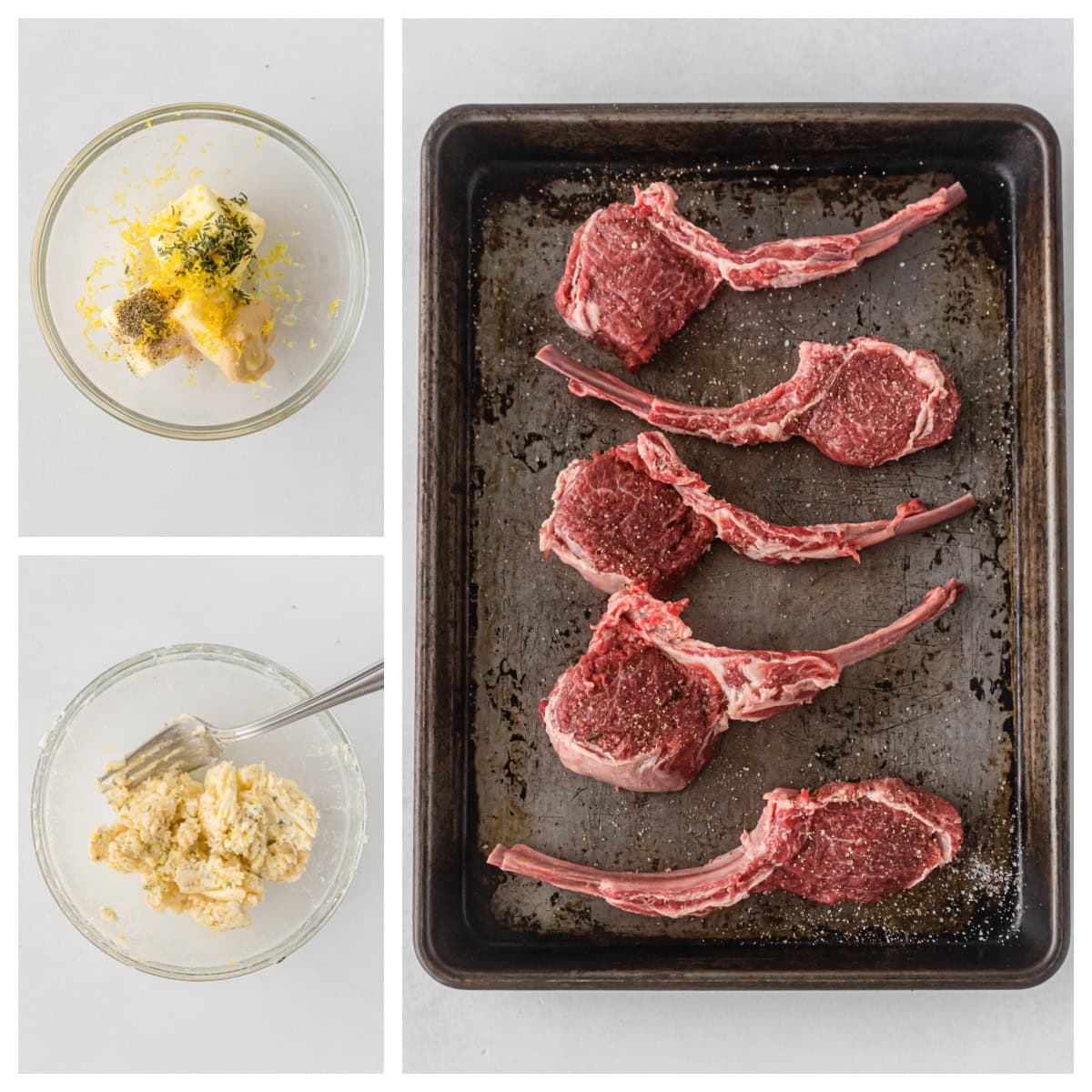 three photos showing making butter sauce and then lamb chops on baking sheet