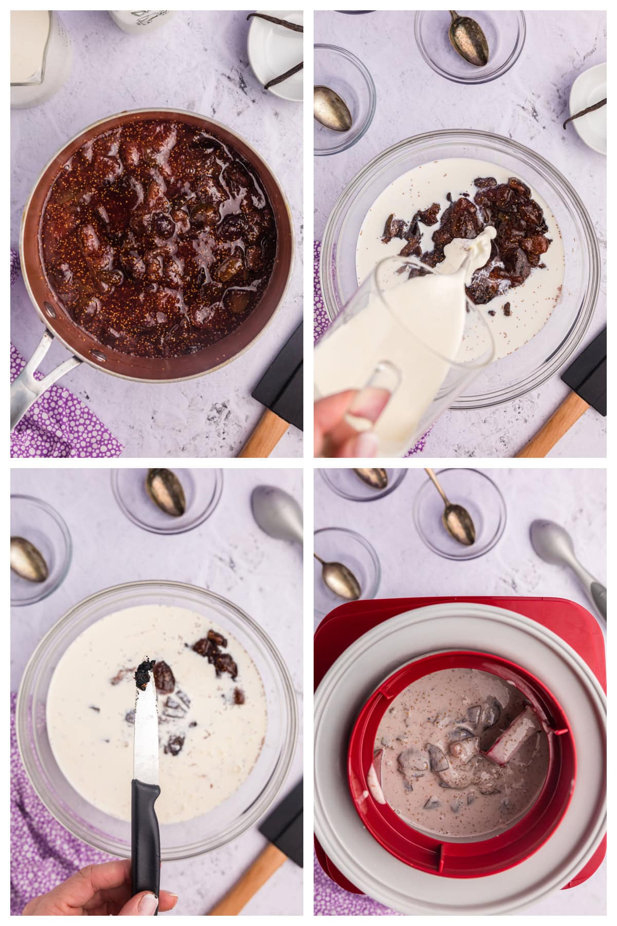 four photos showing how to make fresh fig ice cream