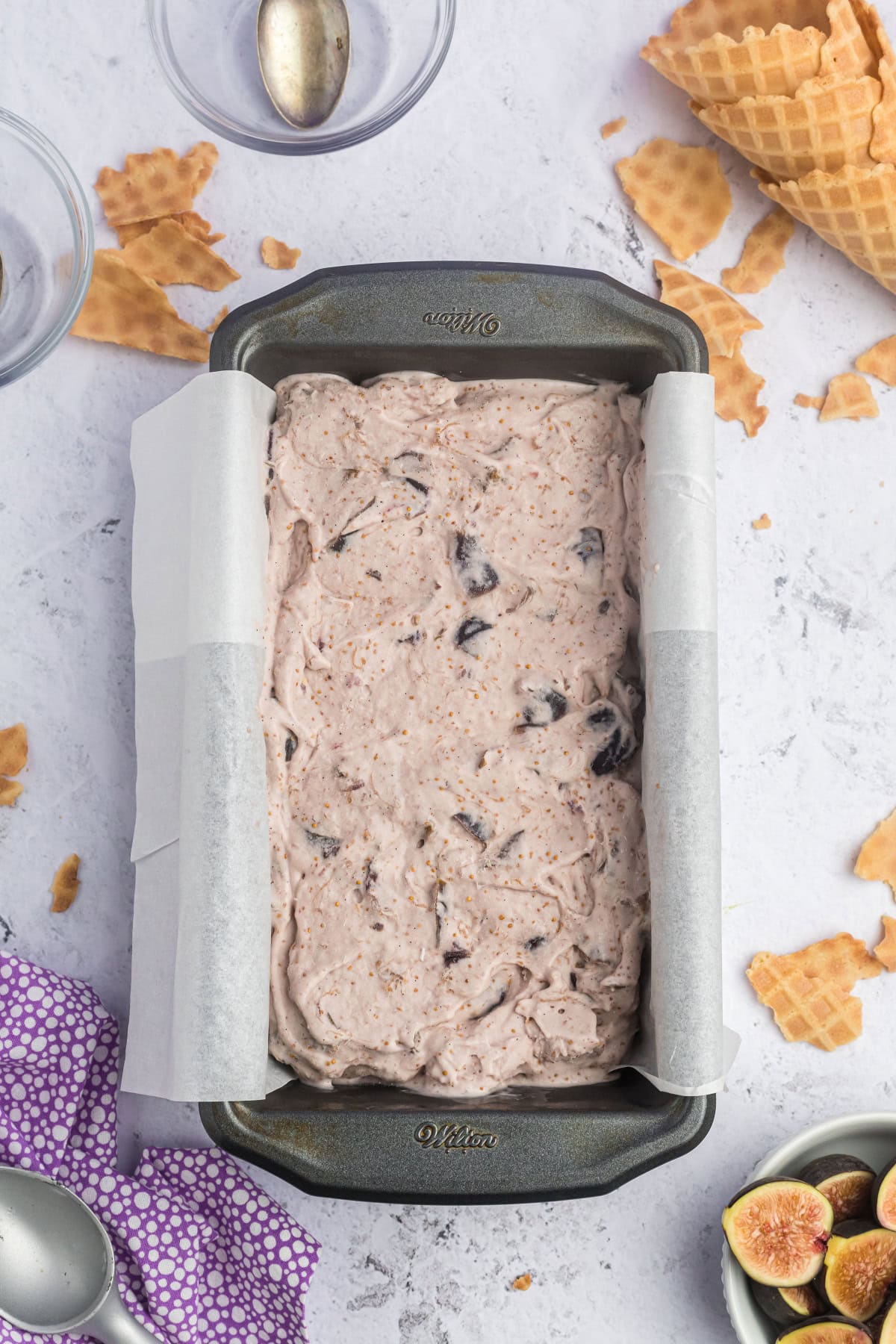 fresh fig ice cream in loaf pan