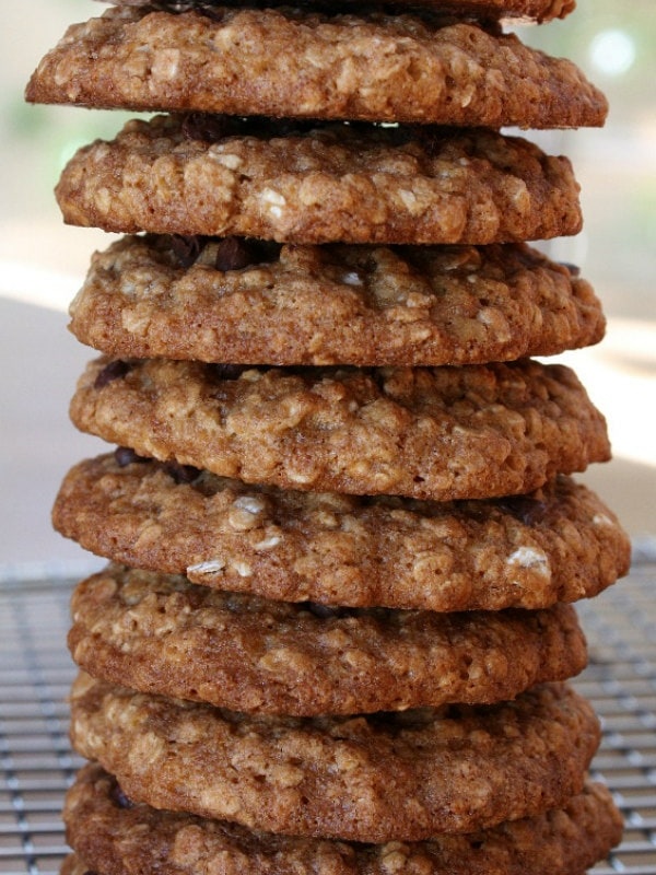 stack of low fat oatmeal chocolate chip cookies