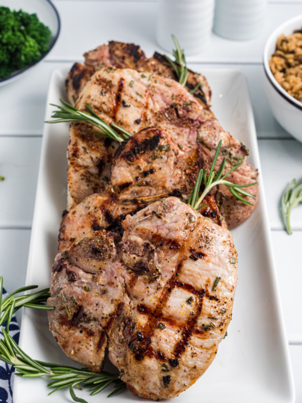 buttermilk brined pork chops grilled and put on serving platter