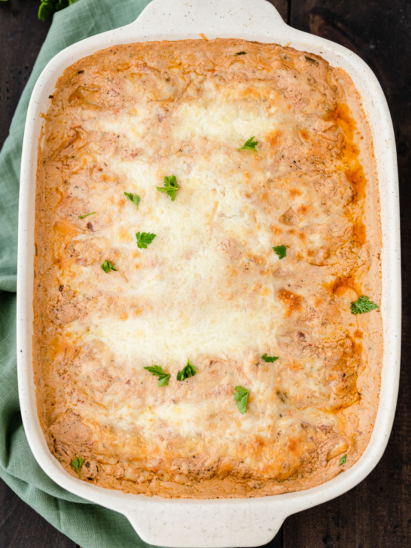 creamy chicken enchiladas in white casserole dish