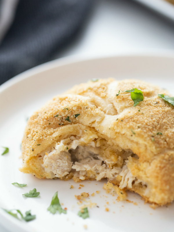 looking at inside croissant chicken on white plate