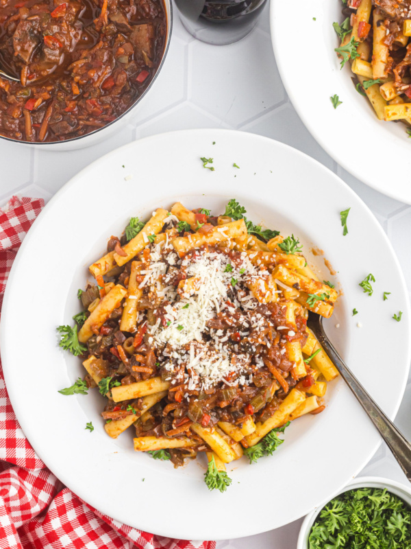 pasta with garden bolognese in a bowl