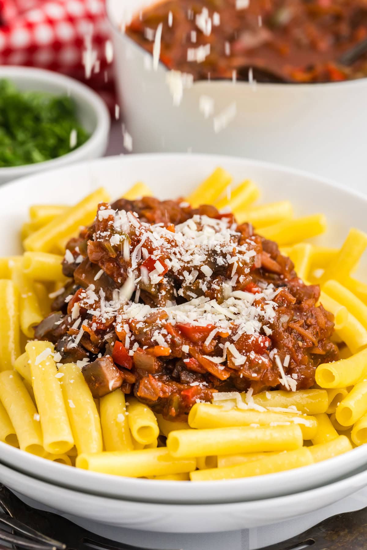 bowl of pasta with garden bolognese