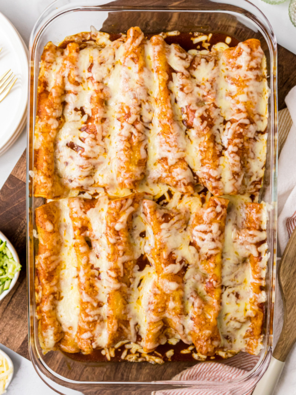 zucchini beef enchiladas in a baking dish