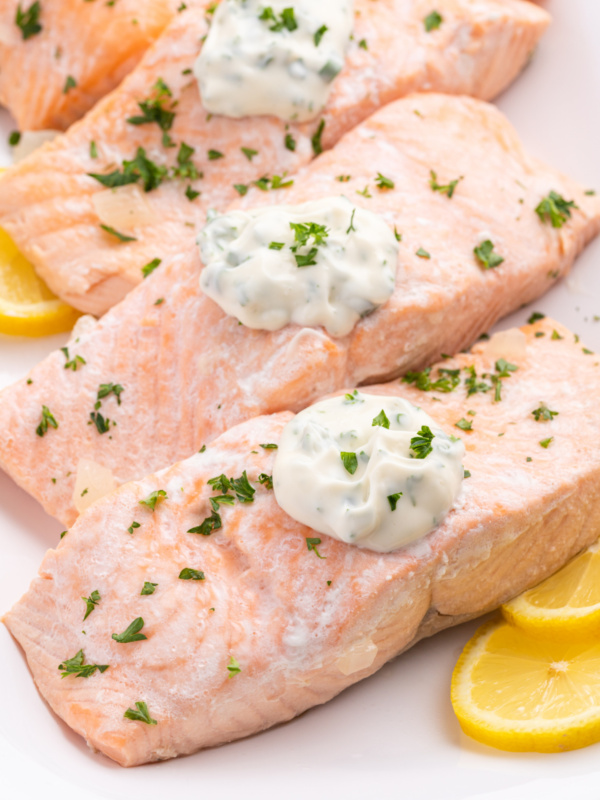 beer poached salmon filets topped with tarragon mayonnaise