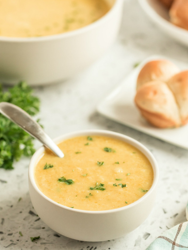 butternut squash soup in white bowl with spoon