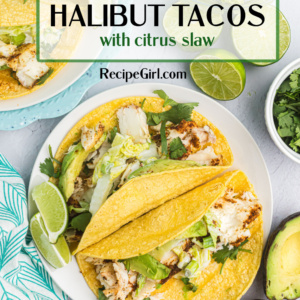 Pinterest image for cedar planked halibut tacos