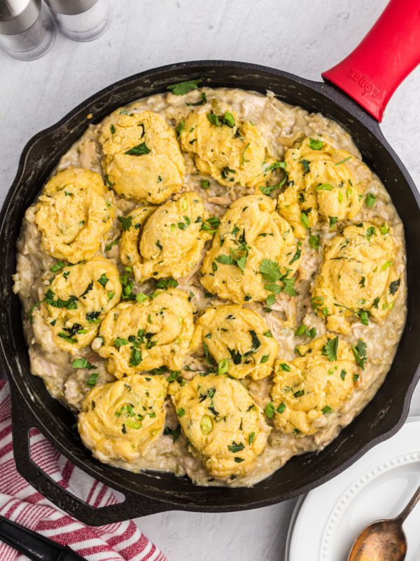 cast iron skillet with chicken salsa verde