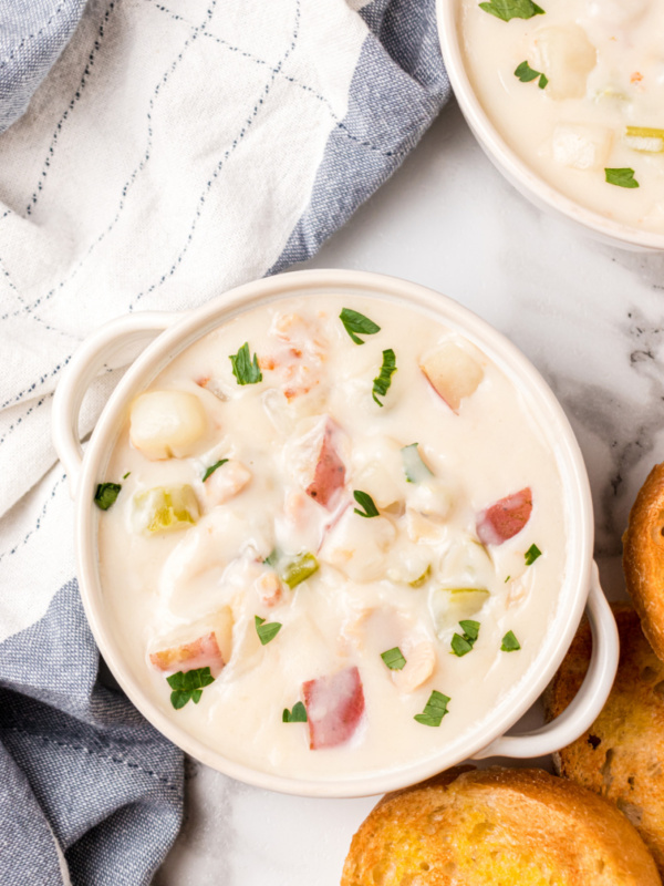 overhead shot of bowl of clam chowder