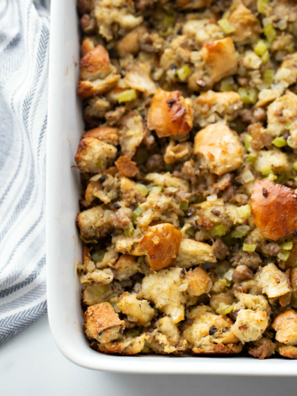 classic stuffing in white casserole dish