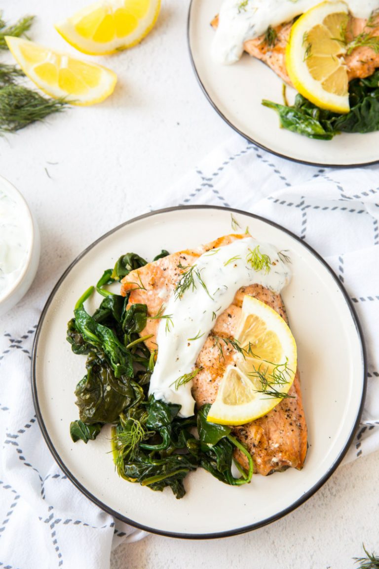 Grilled Salmon with Spinach and Yogurt Dill Sauce - Recipe Girl