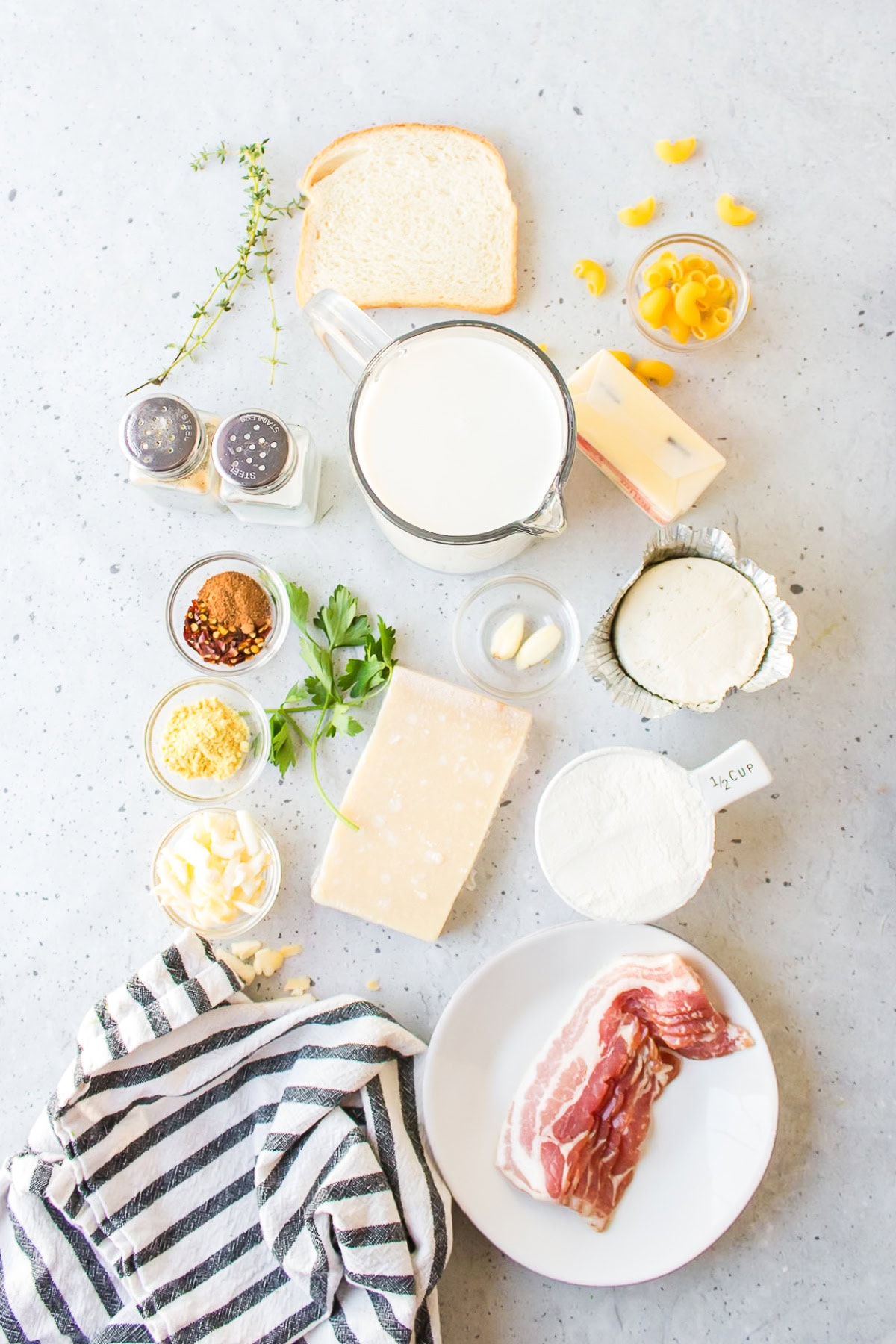 ingredients displayed for making bacon macaroni and cheese