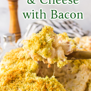 pinterest image for bacon macaroni and cheese