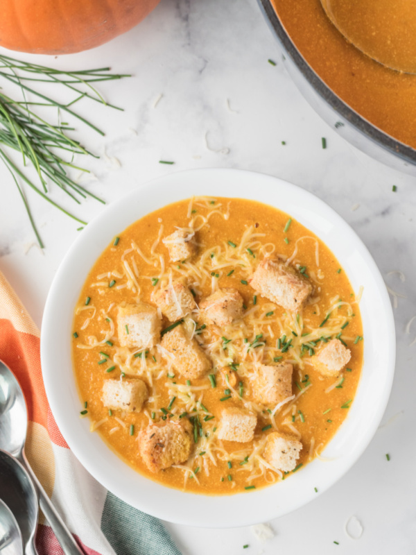 pumpkin soup with croutons and cheese