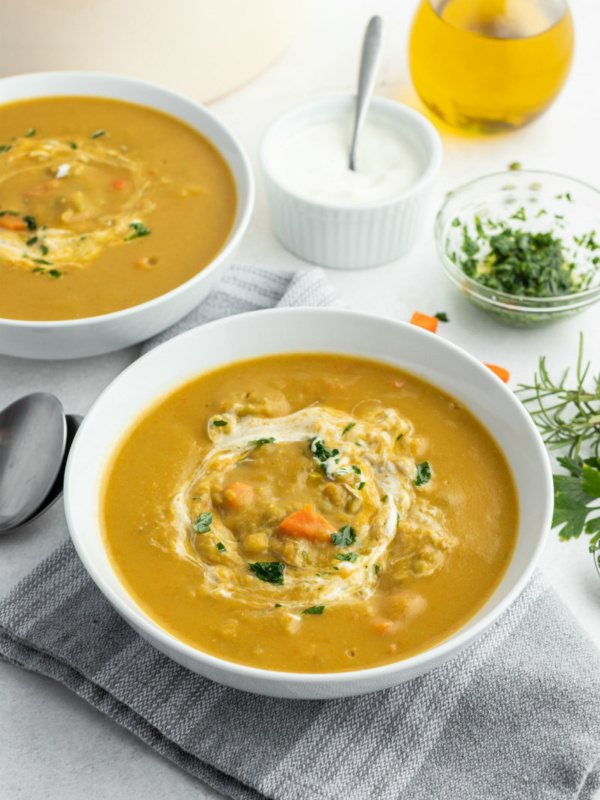 split pea soup in white bowls