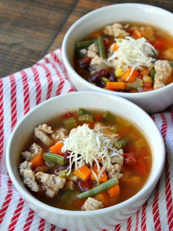 turkey vegetable soup in two bowls