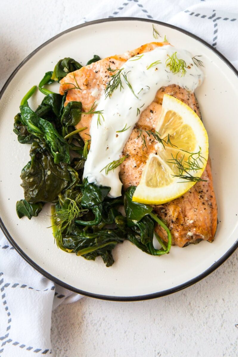 Grilled Salmon with Spinach and Yogurt Dill Sauce - Recipe Girl