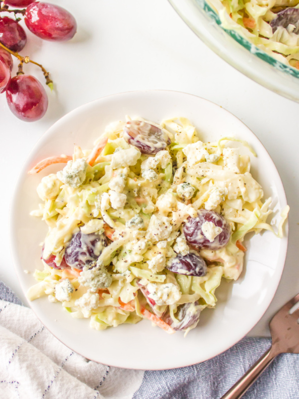 blue cheese cole slaw on a white plate