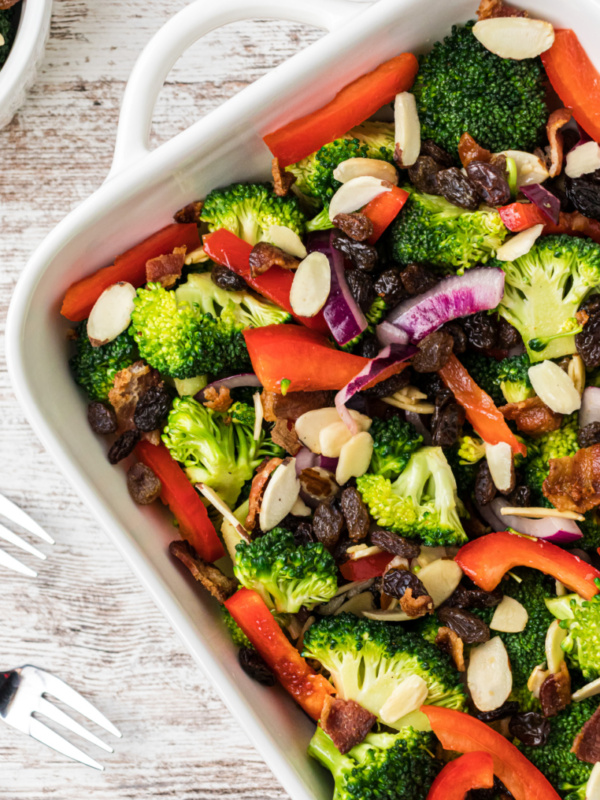 dish of broccoli salad with vinaigrette