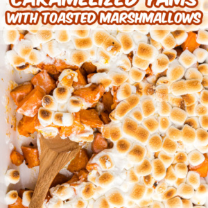 pinterest image for caramelized yams with toasted marshmallows