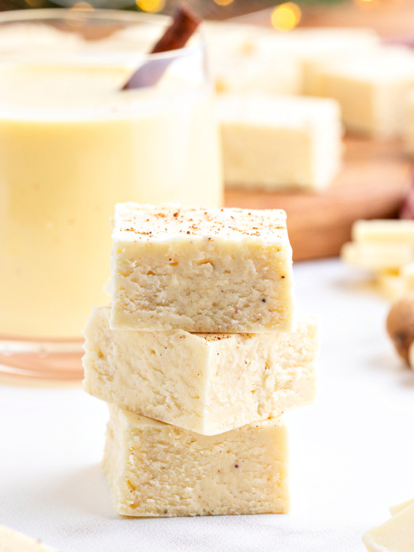 three stacked pieces of eggnog fudge