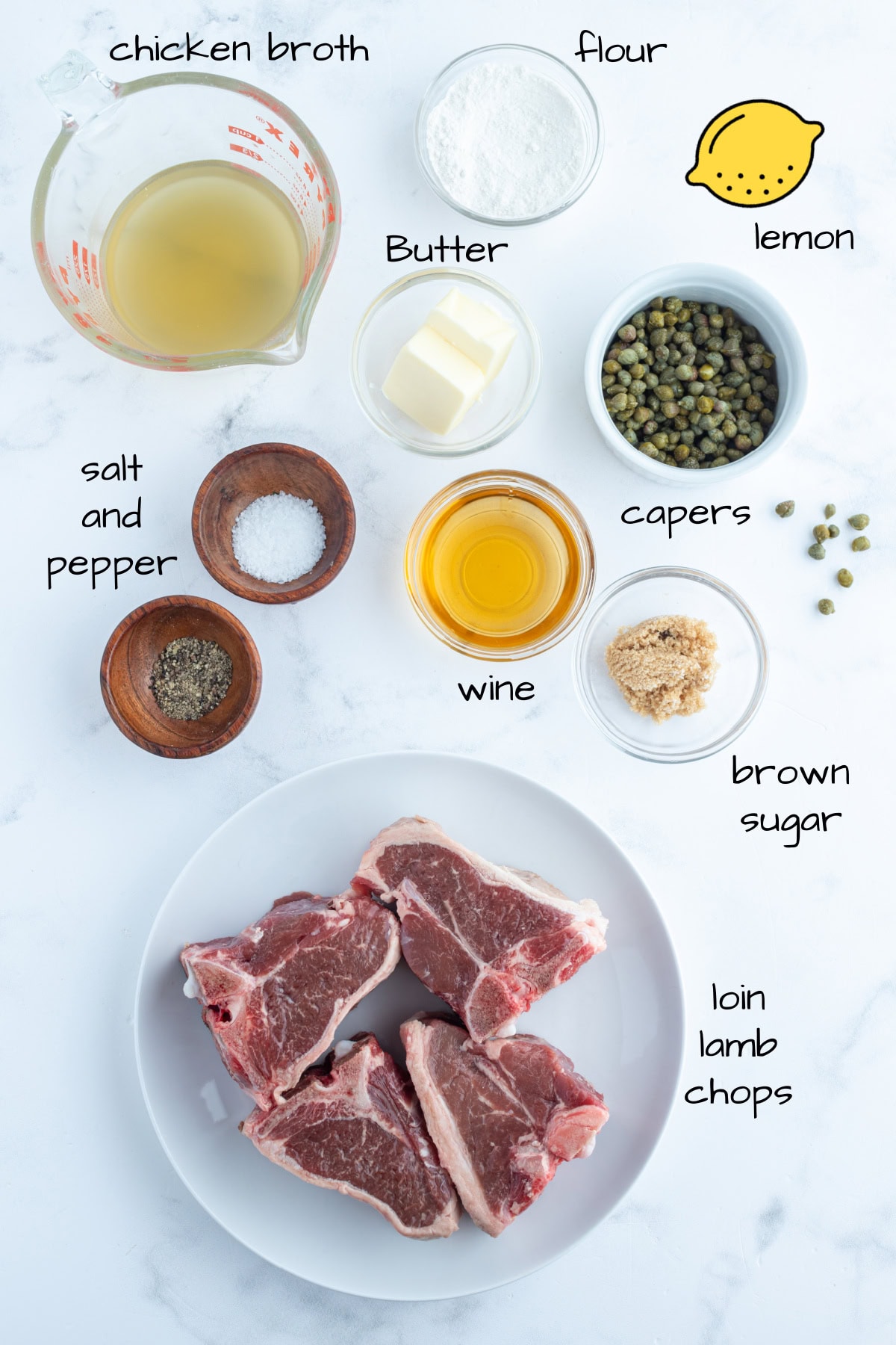 ingredients displayed for making lamb chops in caper sauce