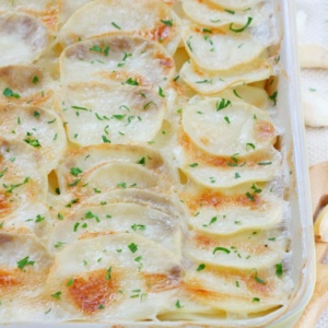 Scalloped Garlic Potatoes in a pan