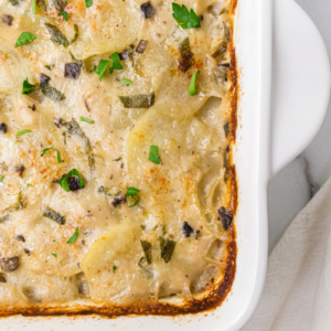 scalloped potatoes in a casserole dish