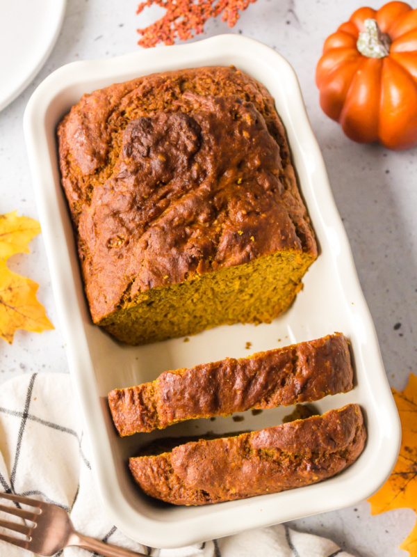 spicy whole wheat pumpkin banana bread in a loaf pan