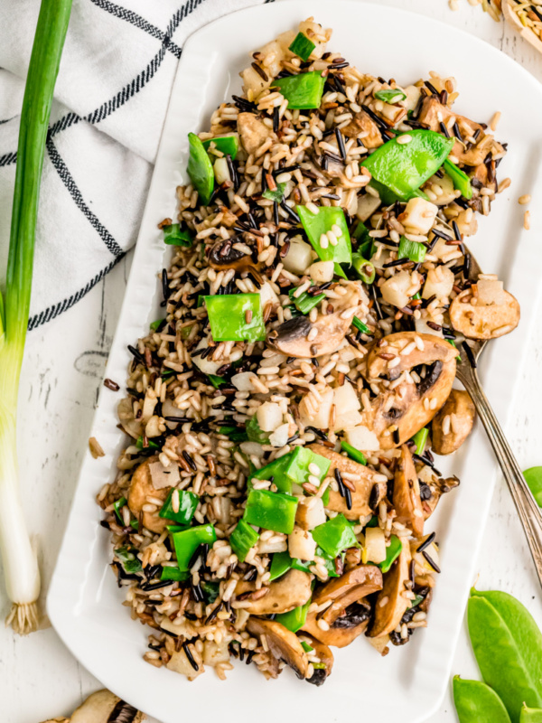 wild rice on a white platter