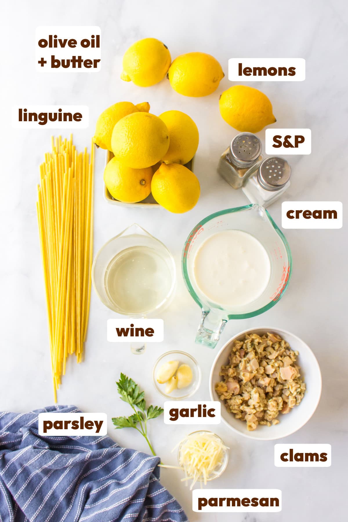 ingredients displayed for making pioneer woman's clam linguine