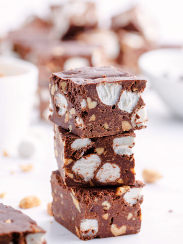 stack of three pieces of rocky road fudge