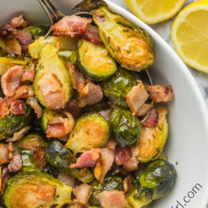 Pinterest image for roasted brussels sprouts with lemon and bacon