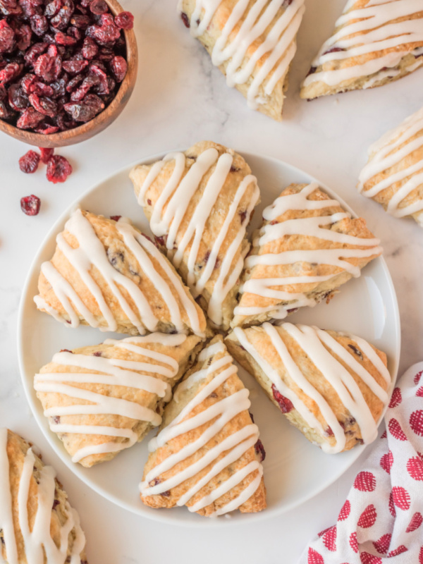 cranberry vanilla scones on a serving platter