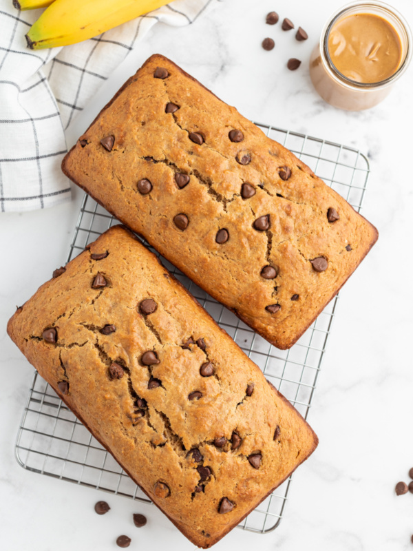 two loaves of peanut butter chocolate chip banana bread