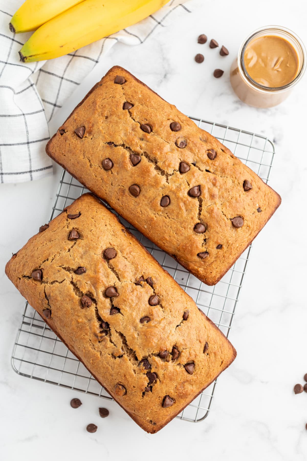 two loaves of peanut butter chocolate chip banana bread