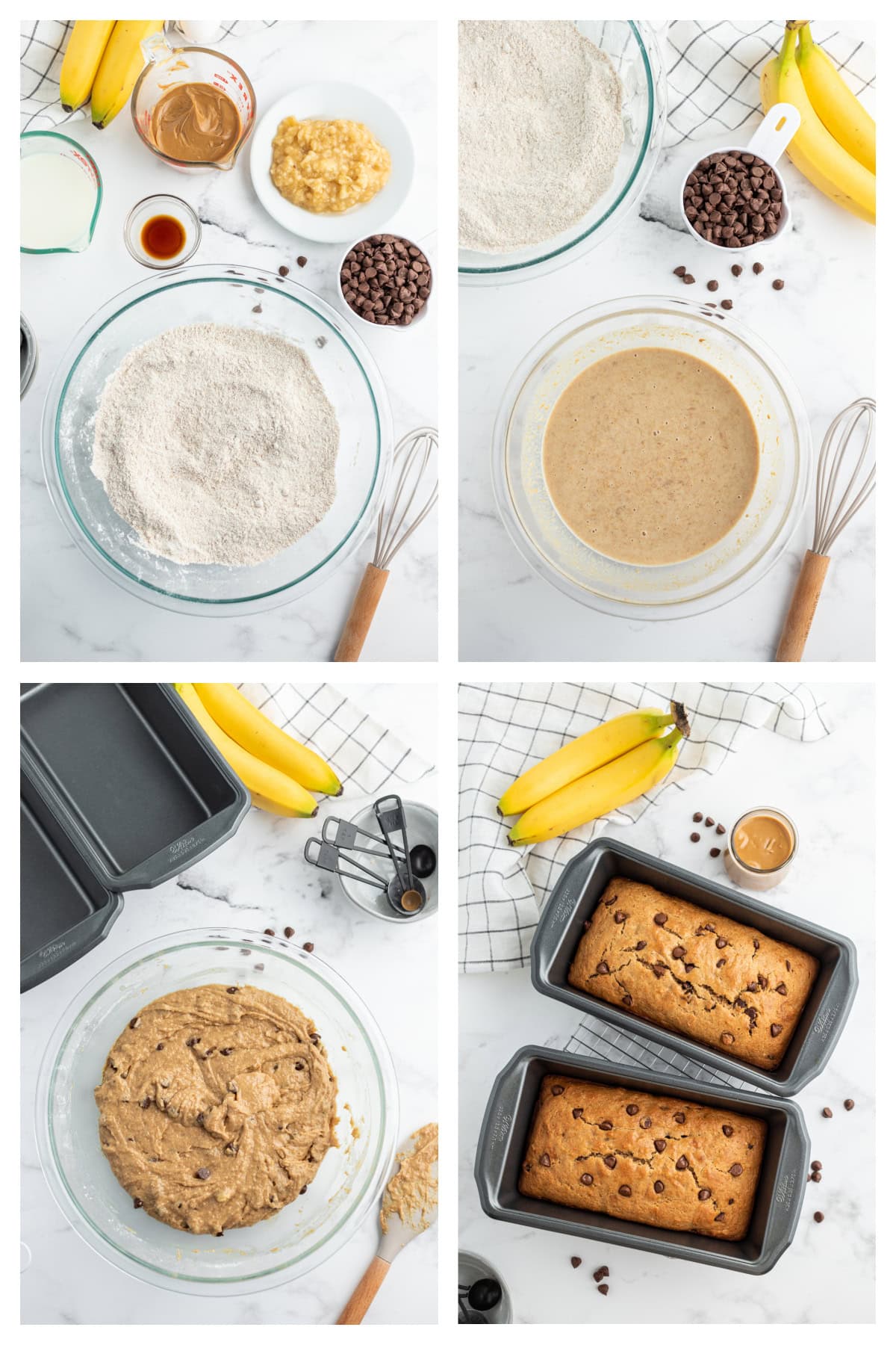 four photos showing how to make peanut butter chocolate chip banana bread