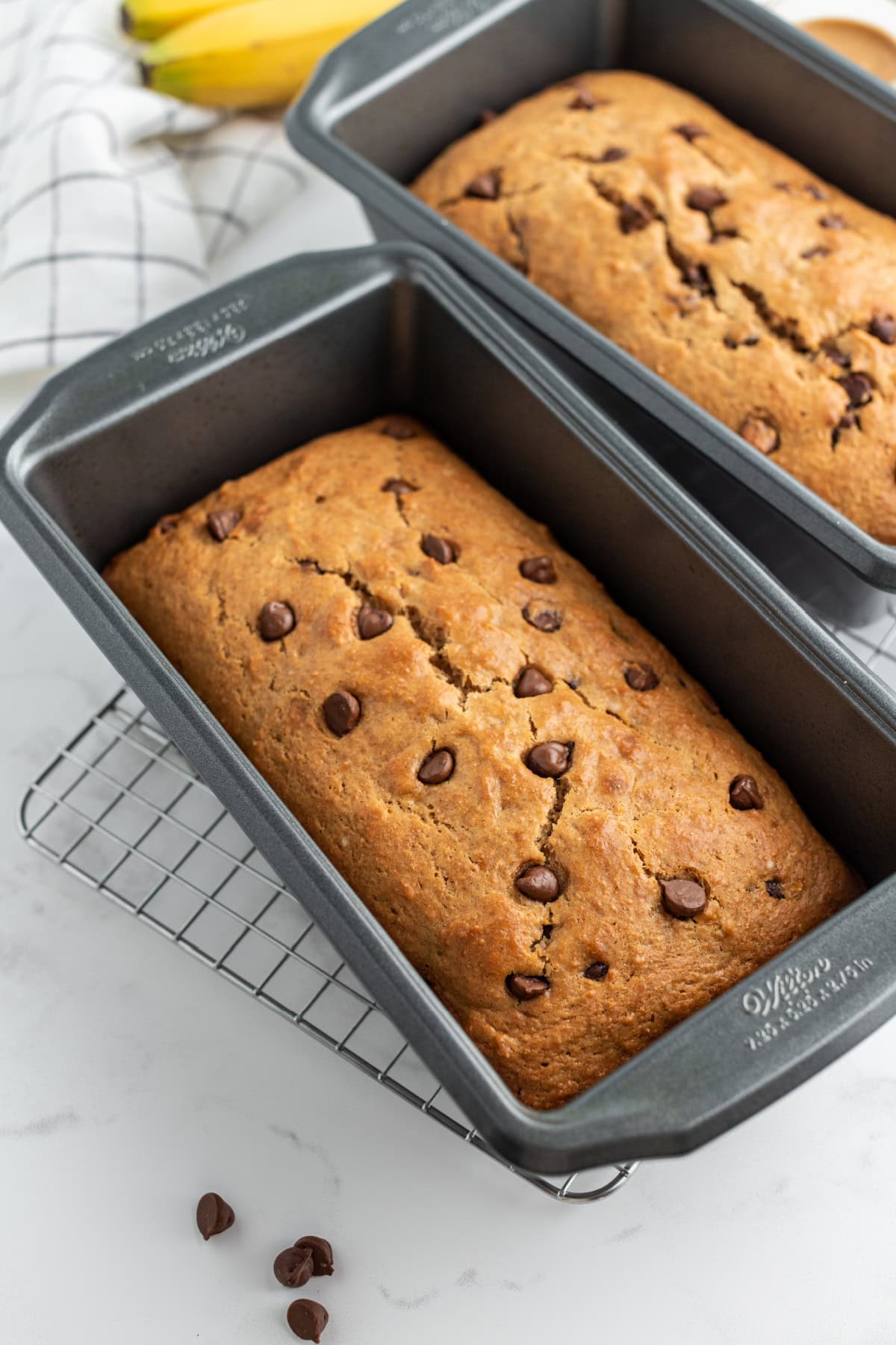 pans of peanut butter chocolate chip banana bread