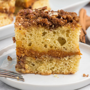 slice of pumpkin coffee cake on a plate